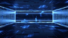 Glowing blue door in a data room