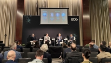 From left: Jazz Tobaccowalla of BCG, Dan Sheeran of AWS, Xavier Avat of Moffitt Cancer Center and Munjal Shah of Hippocratic AI