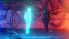 Person standing beside their digital twin in the metaverse