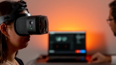 Person wearing a VR headset with a healthcare provider sitting next to them near a computer