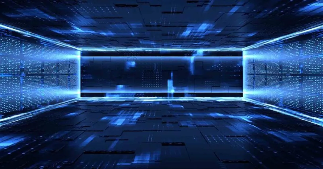 Glowing blue door in a data room