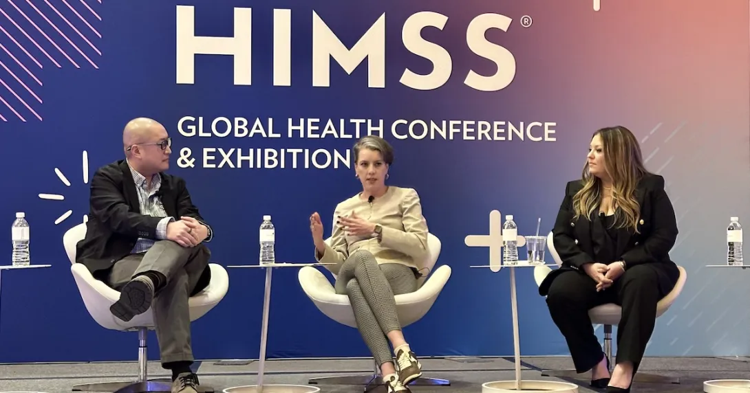 Sarah Hatchett, senior vice president and chief information officer at Cleveland Clinic; Haipeng (Mark) Zhang, acting assistant under secretary for health (AUSH), discovery, education and affiliate networks (DEAN) at the U.S. Department of Veteran Affairs; and Rachel Coren, vice president and associate chief information officer at Cedars-Sinai Health System.