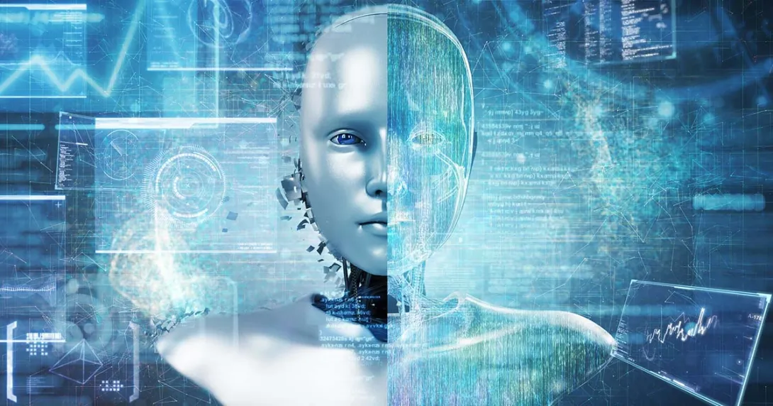 Computerized image of an artificial intelligence robot with a data panel in the background