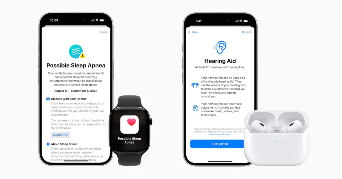 Apple products showing hearing aid and sleep apnea apps on iPhone