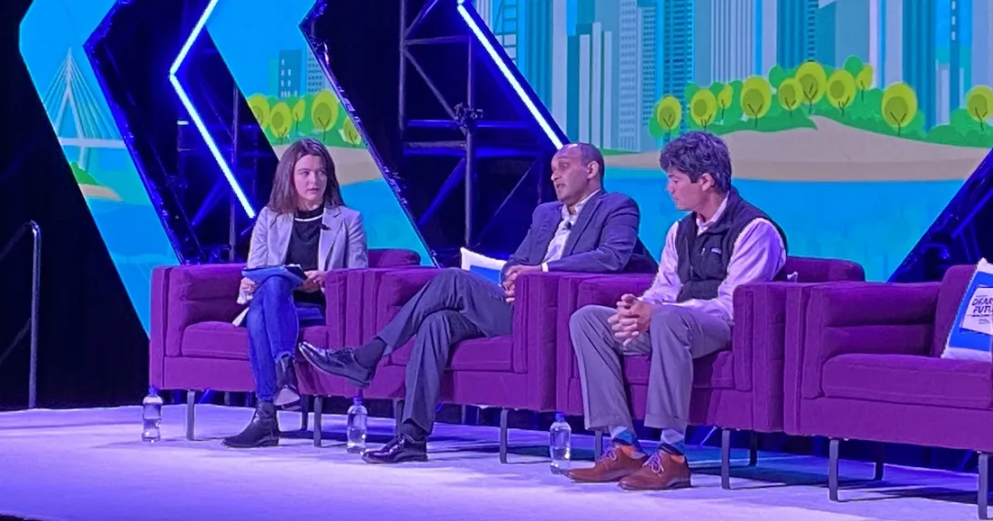 Business Insider reporter Blake Dodge moderates a session with Dr. Sree Chaguturu, chief medical officer at CVS/Caremark, and Marcus Osbourne, SVP at Walmart Health