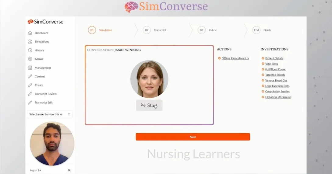 An interface of the SimConverse verbal communication simulation platform