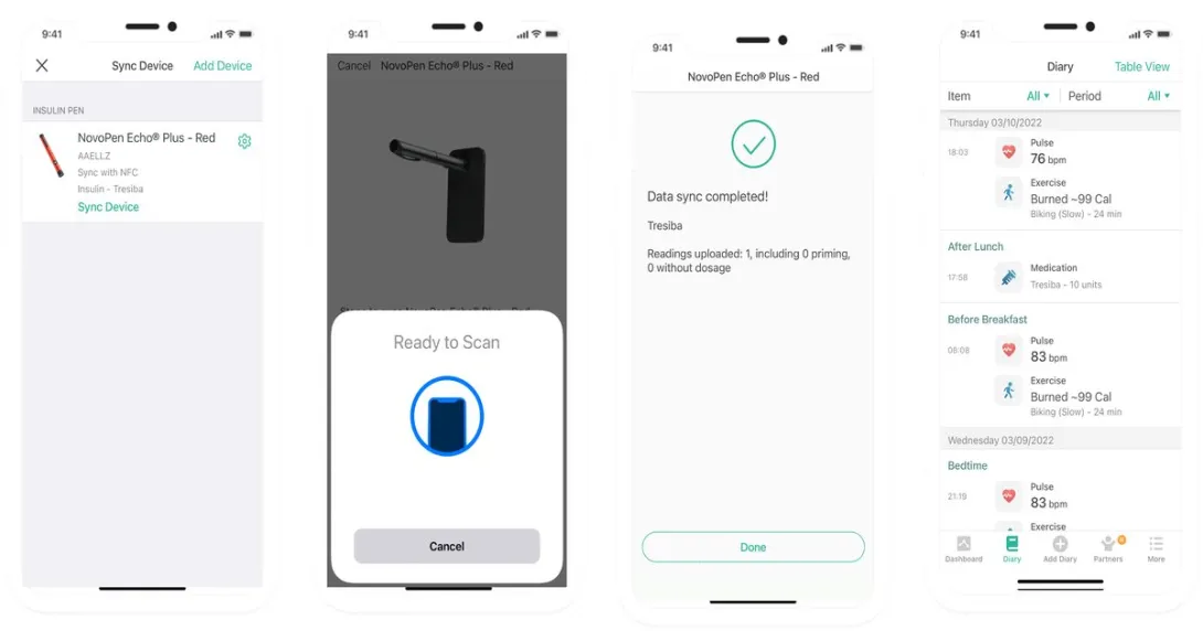 The Health2Sync app integrates with the NovoPen 6 and NovoPen Echo Plus to view dose logs.