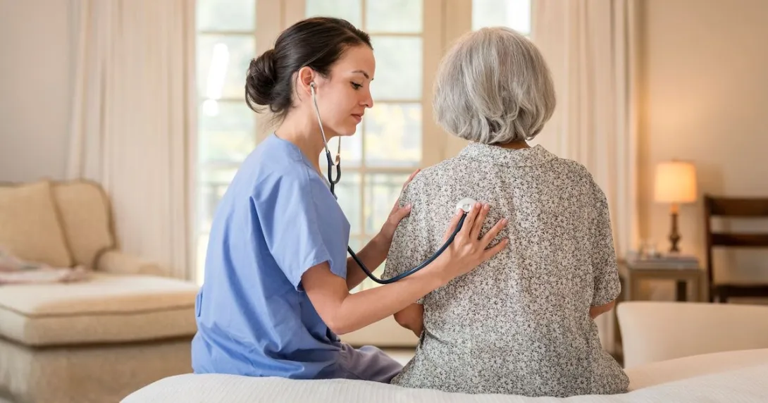 A nurse using a stethoscope on an older patient in her home.